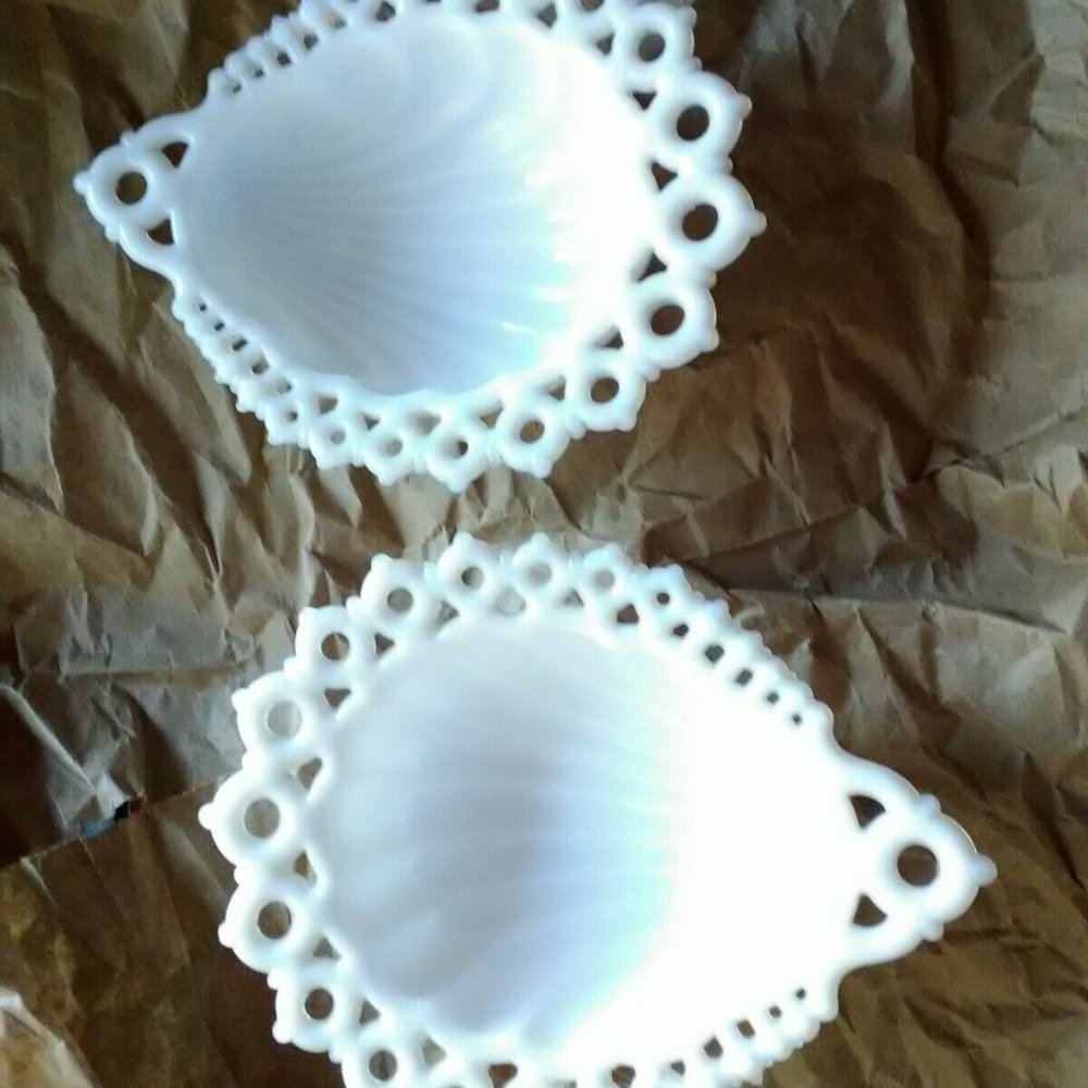 Milk Glass Reticulated Lace Footed Serving Dishes Pair